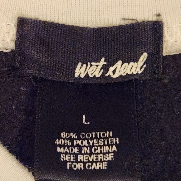 Y2K Wet Seal Bomber Jacket, Black & Cream Zip-Up Floral Embroidery, Varsity Sz L - Picture 8 of 9